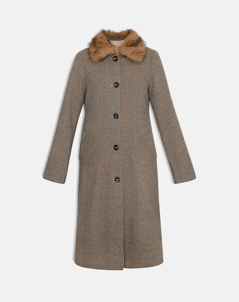 Norciel Longline Coat in Check Brown with Fur Collar