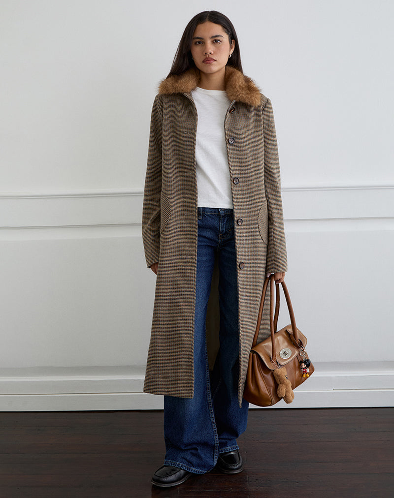 Norciel Longline Coat in Check Brown with Fur Collar