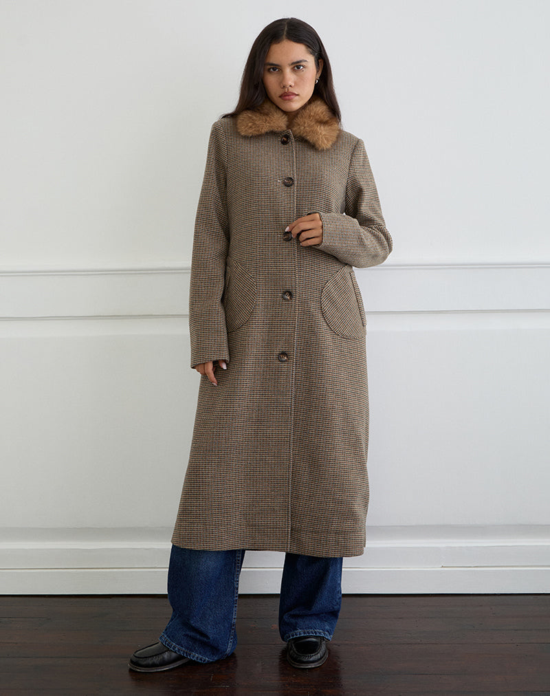 Norciel Longline Coat in Check Brown with Fur Collar