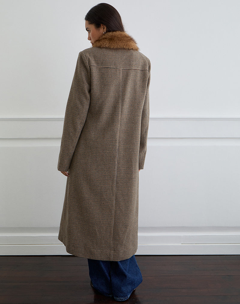Norciel Longline Coat in Check Brown with Fur Collar