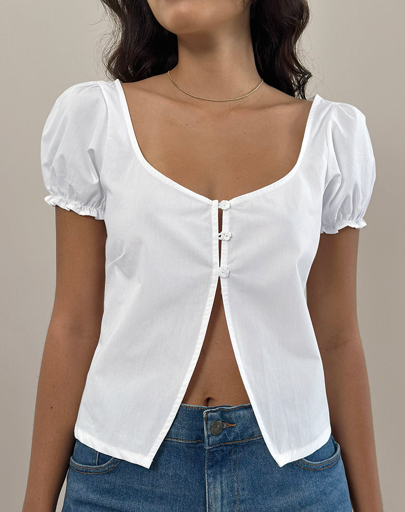 Norya Puff Sleeve Top in Poplin White
