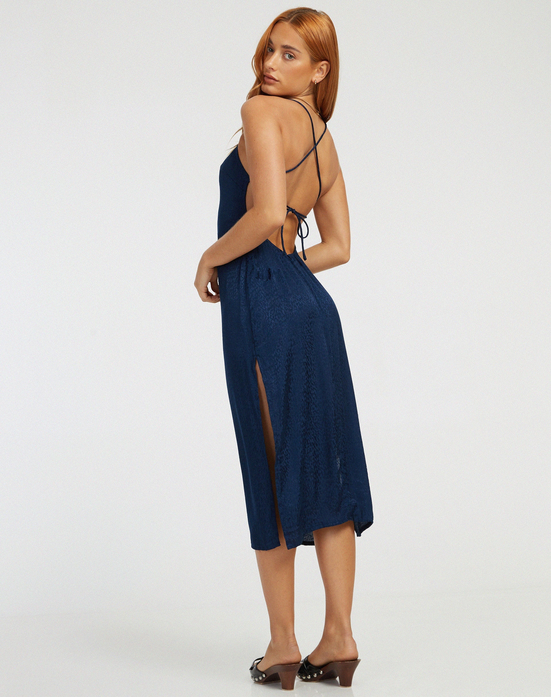 Nosita Midi Dress in Satin Cheetah Navy