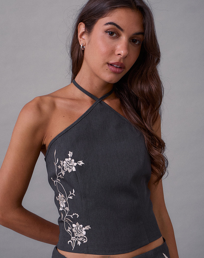 Novin Top in Vine Flower Embroidered Dark Charcoal