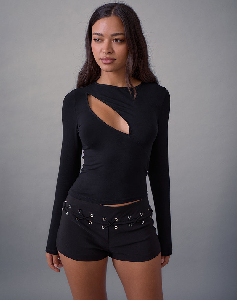Nyla Long Sleeve Slash Cut Out Top in Black