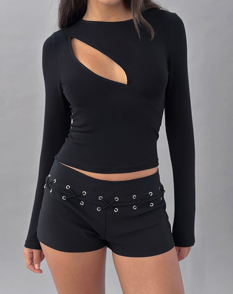 Nyla Long Sleeve Slash Cut Out Top in Black
