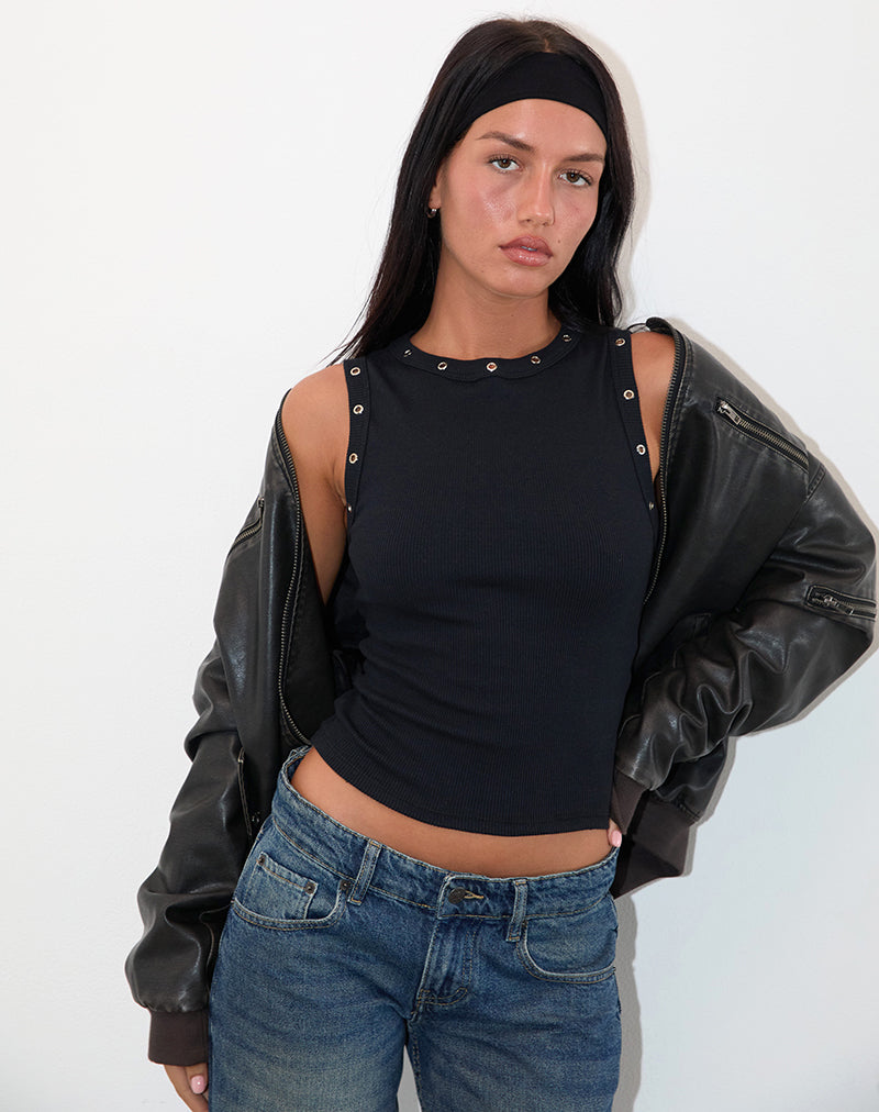 Omari Eyelet Tank Top in Rib Black