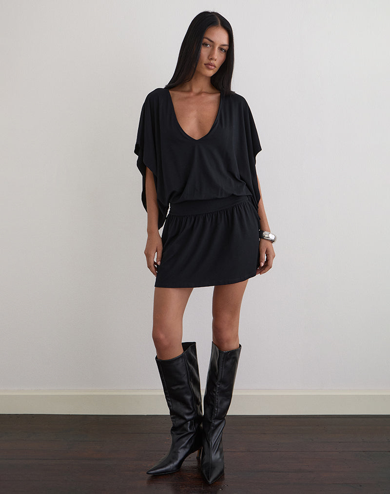 Osiri Batwing Plunge Mini Dress in Jersey Black