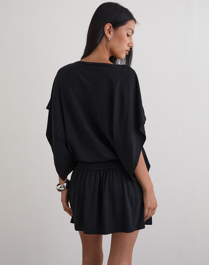 Osiri Batwing Plunge Mini Dress in Jersey Black