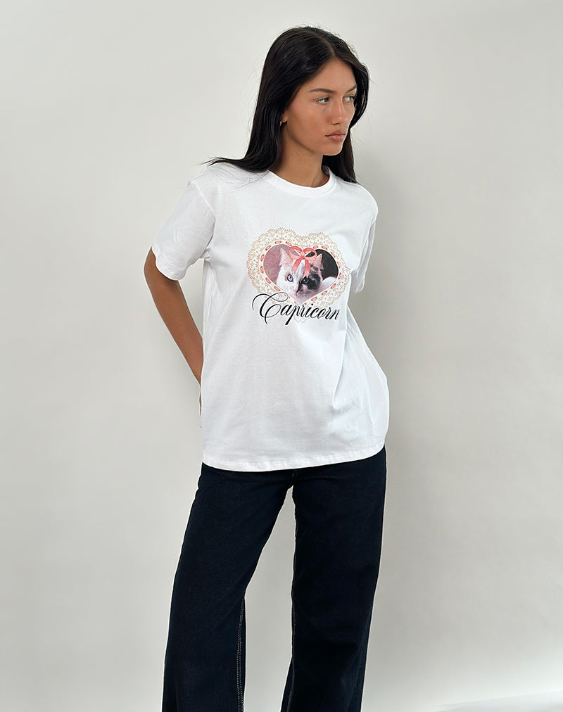 Oversize Basic Tee in White with Capricorn Motel Pet Print