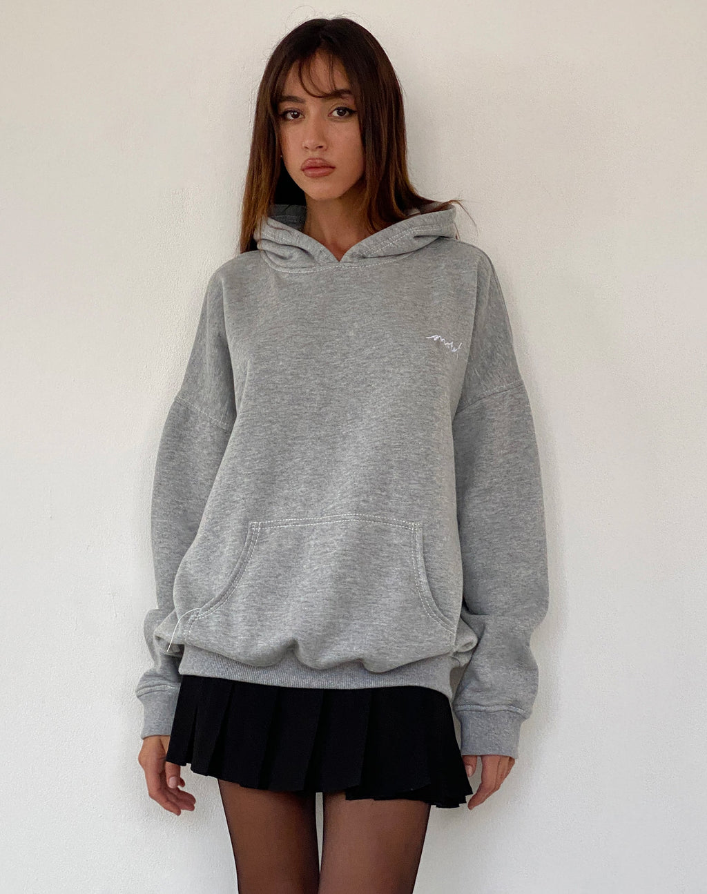 Oversize Hoodie in Grey Marl with Motel Scribble Embroidery