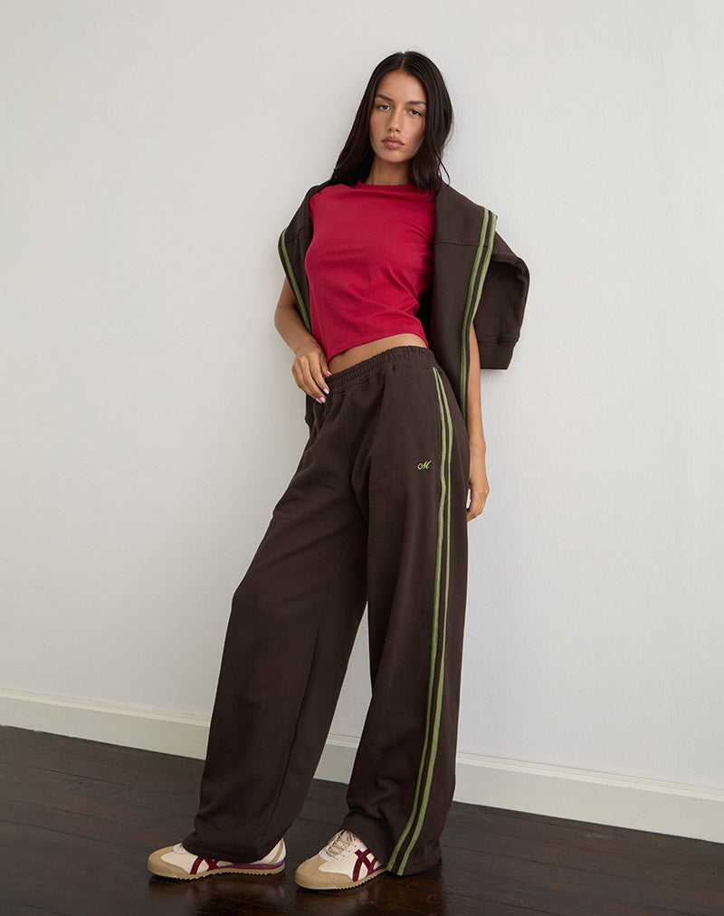 Oze Trackpant in Bitter Chocolate with Green Binding and M Embroidery
