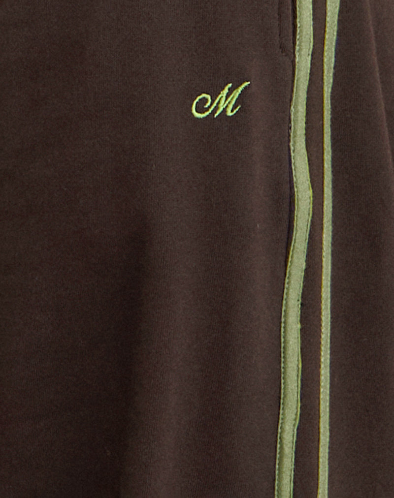 Oze Trackpant in Bitter Chocolate with Green Binding and M Embroidery