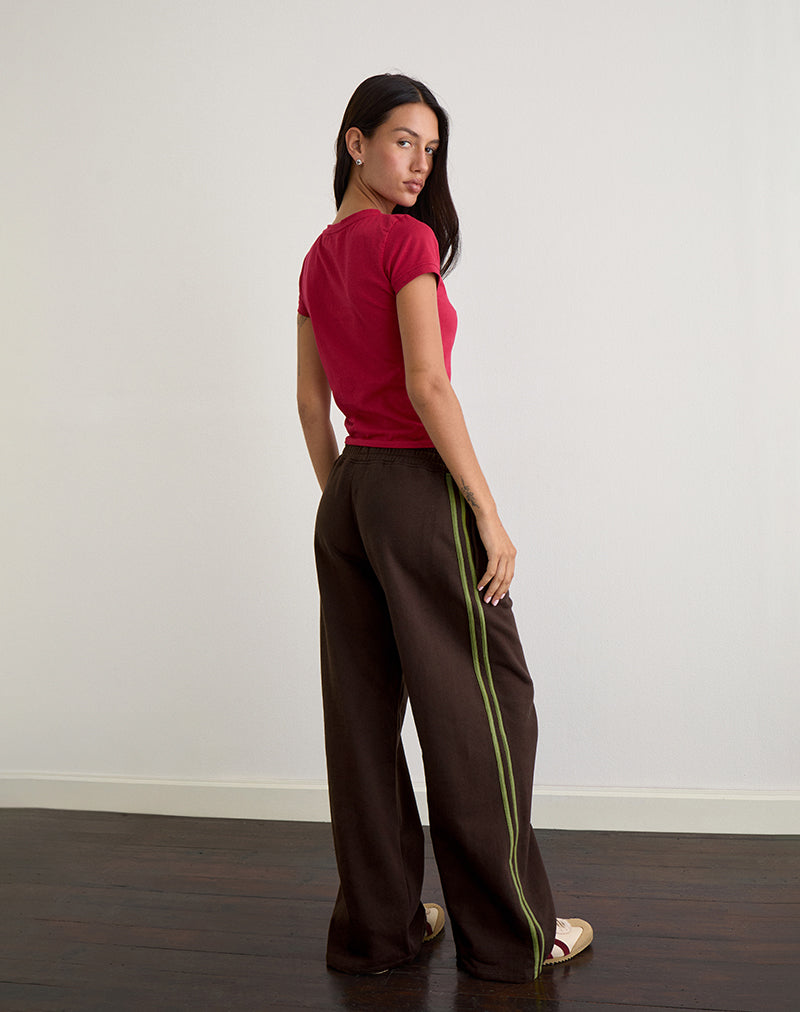 Oze Trackpant in Bitter Chocolate with Green Binding and M Embroidery