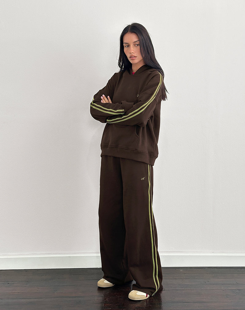 Oze Trackpant in Bitter Chocolate with Green Binding and M Embroidery
