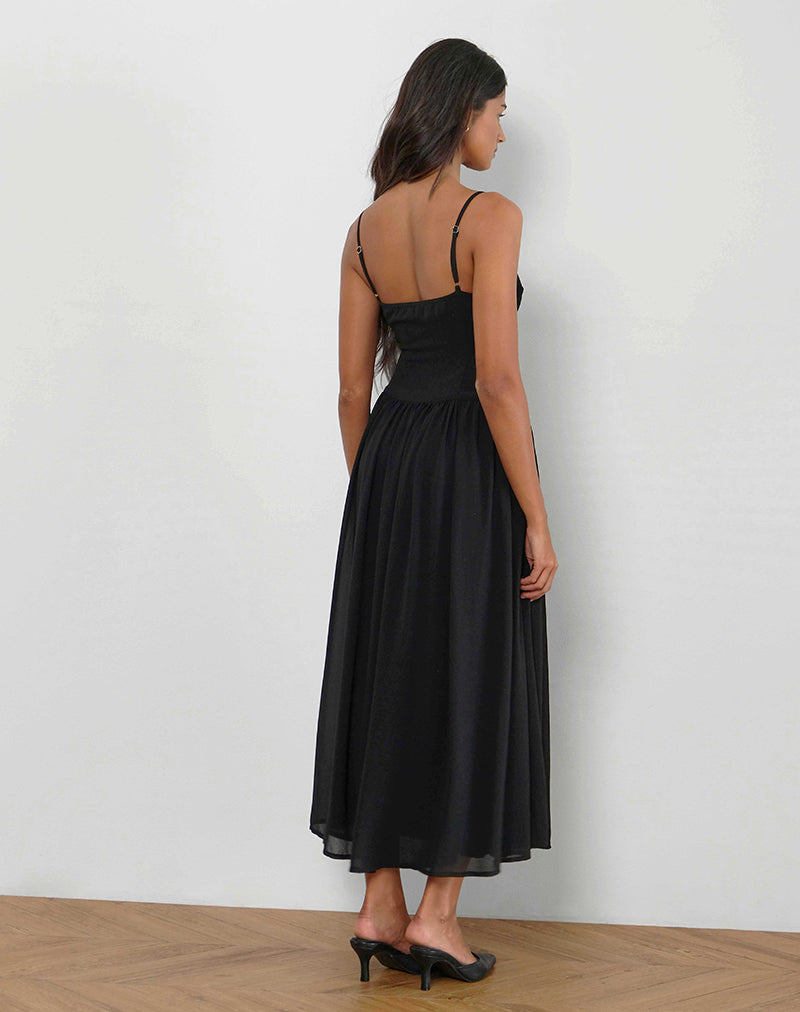 Paduri Drop Waist Midi Dress in Chiffon Black