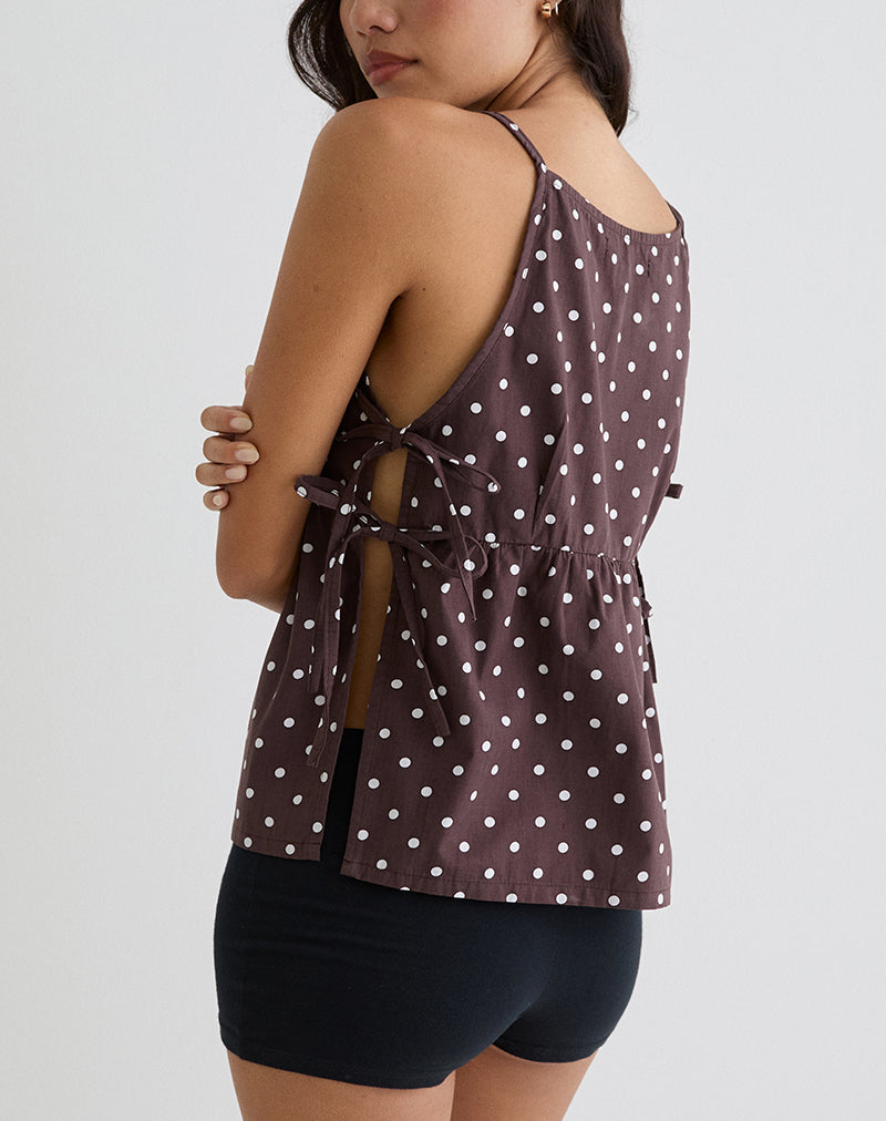 Palsi Tie Side Top in Brown with Medium Polka White
