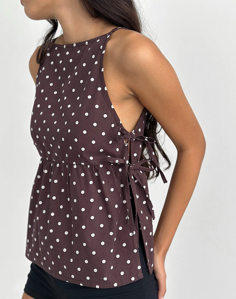 Palsi Tie Side Top in Brown with Medium Polka White