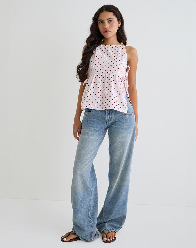 Palsi Tie Side Top in Pink with Medium Polka Red