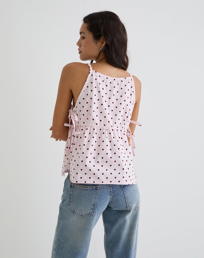 Palsi Tie Side Top in Pink with Medium Polka Red