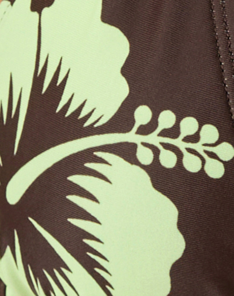 Pami Bikini Top in Brown and Green Mono Hibiscus with Beads