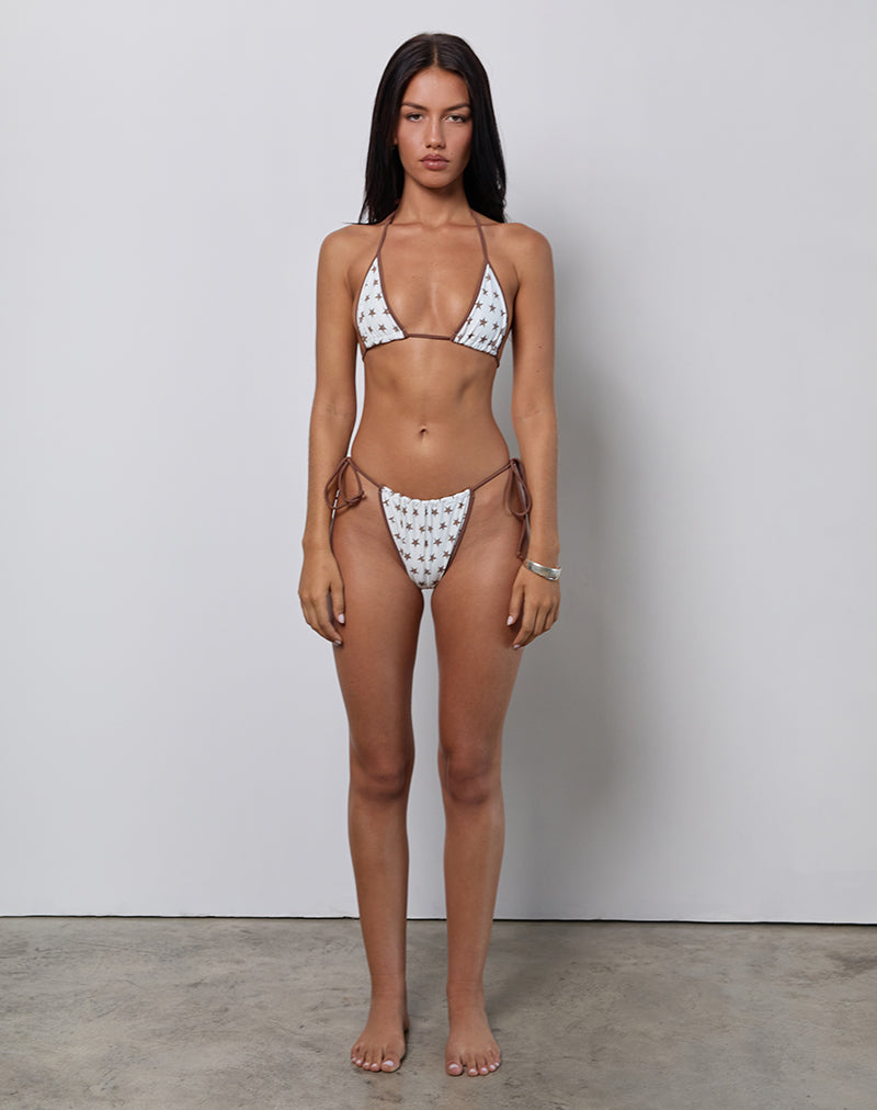 Leyna Bikini Bottom in White and Brown Star Print with Contrast Binding