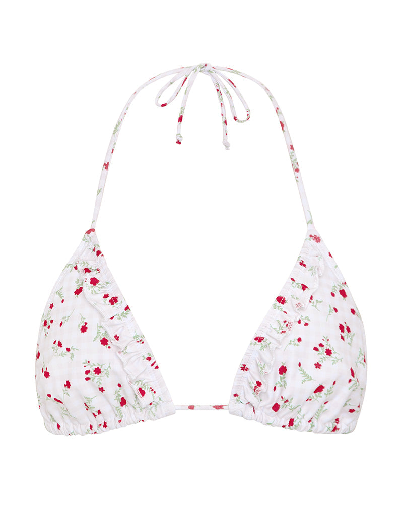 Pami Bikini Top in Red Floral Beige Gingham with Ruffle