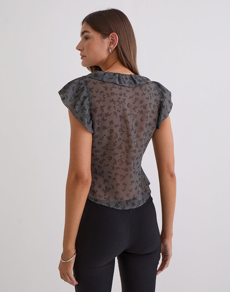 Paquita Top in Chiffon Minimal Flower Dark Grey