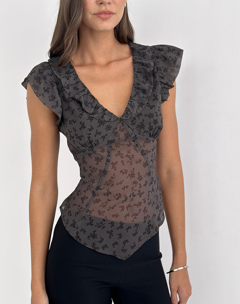 Paquita Top in Chiffon Minimal Flower Dark Grey