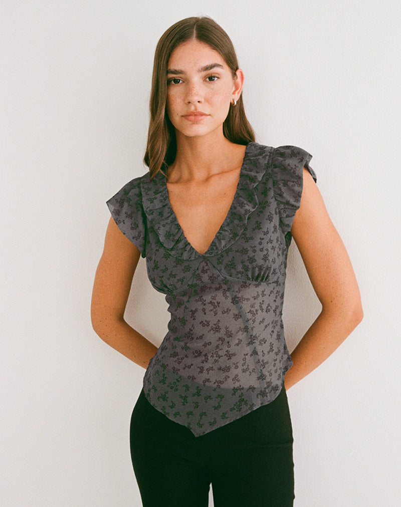 Paquita Top in Chiffon Minimal Flower Dark Grey