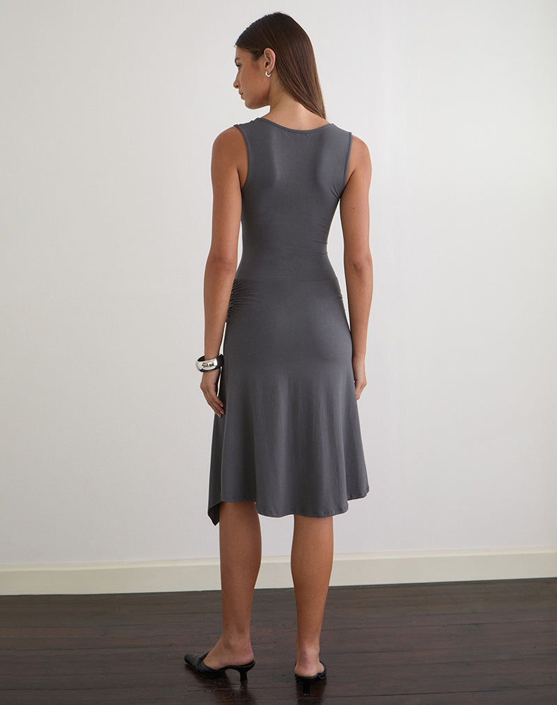 Philipa Asymmetric Midi Dress in Jersey Charcoal Grey