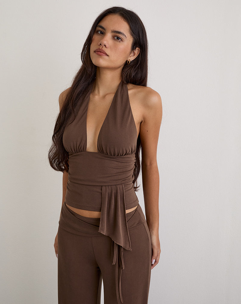 Prilla Halterneck Top in Cupro Dark Brown