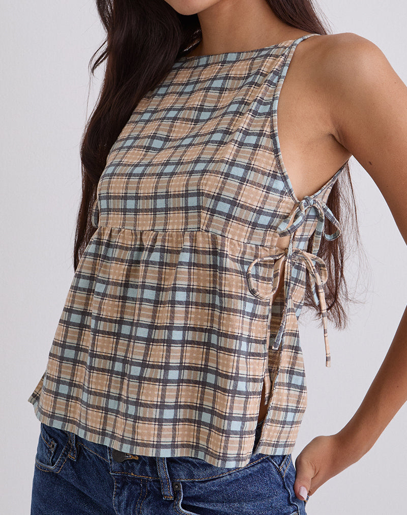 Palsi Loose Sleeveless Top in Pastel Blue Tartan