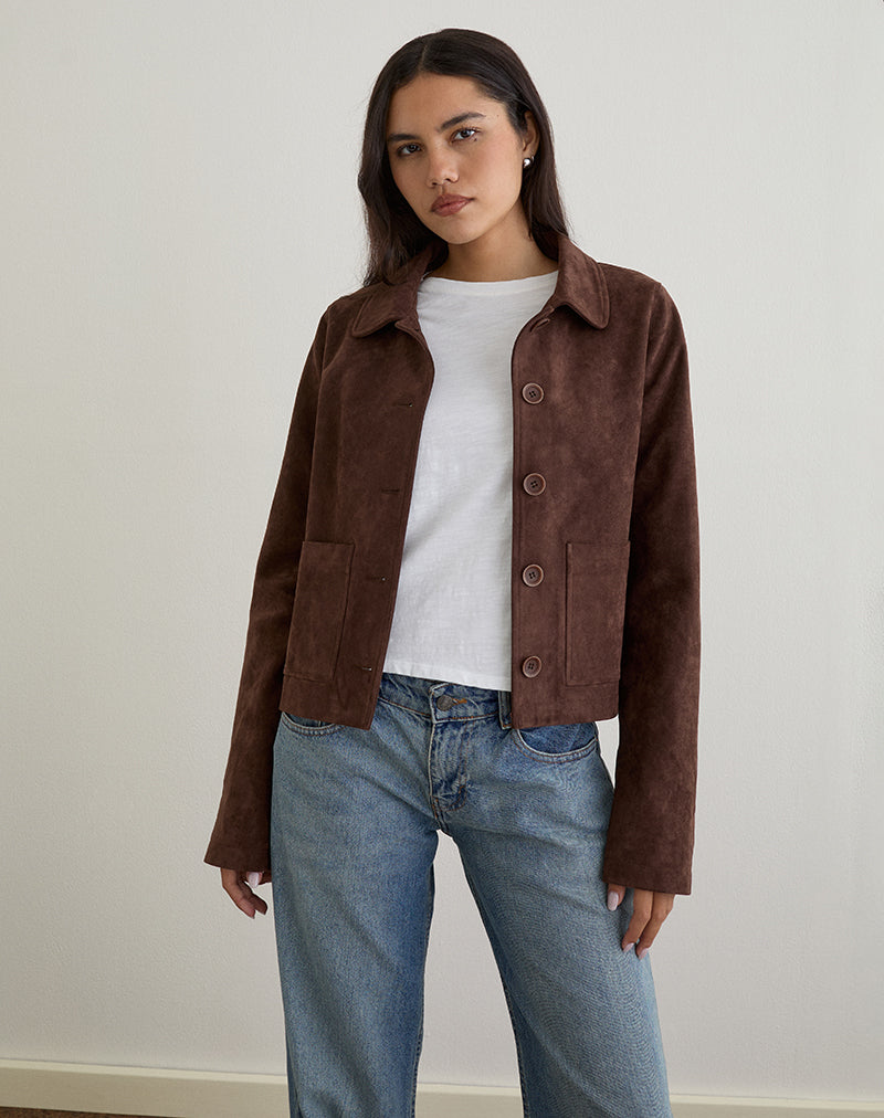 Quincy Faux Suede Cropped Jacket in Brown