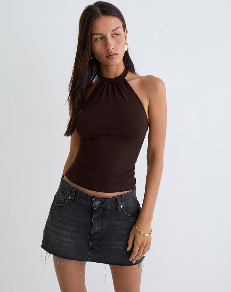 Raceline Halterneck Top in Rayon Jersey Chocolate Brown