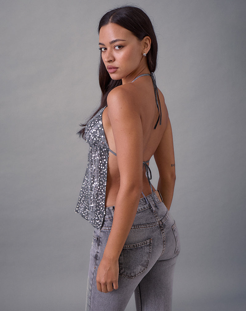 Rafina Halter Top in Chiffon Sequin Grey