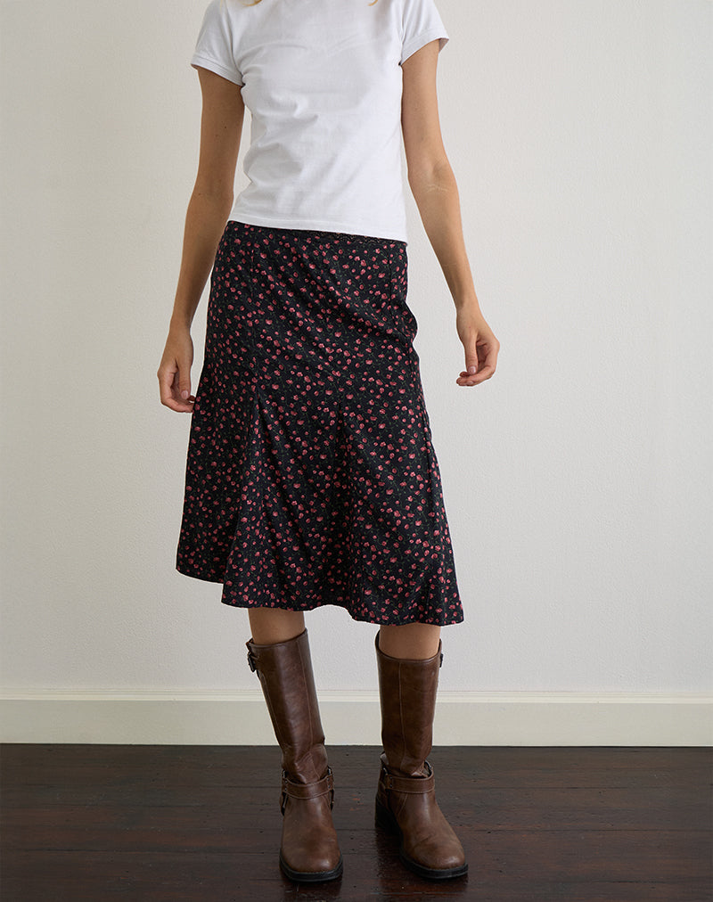 Rahyu Midi Skirt in Dark Pink Rose Black