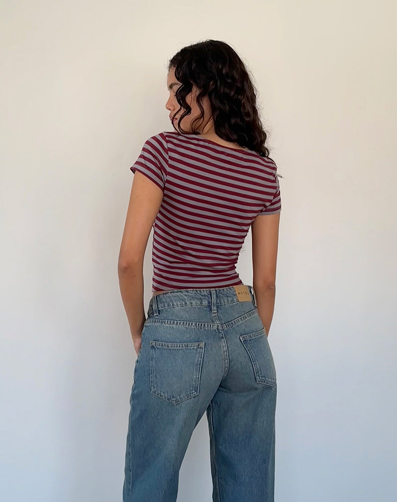 Ralina Short Sleeve Top in Mulberry Grey Stripes