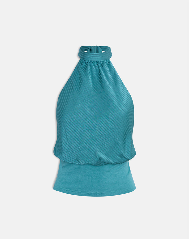 Rania Backless Top in Stripe Satin Teal