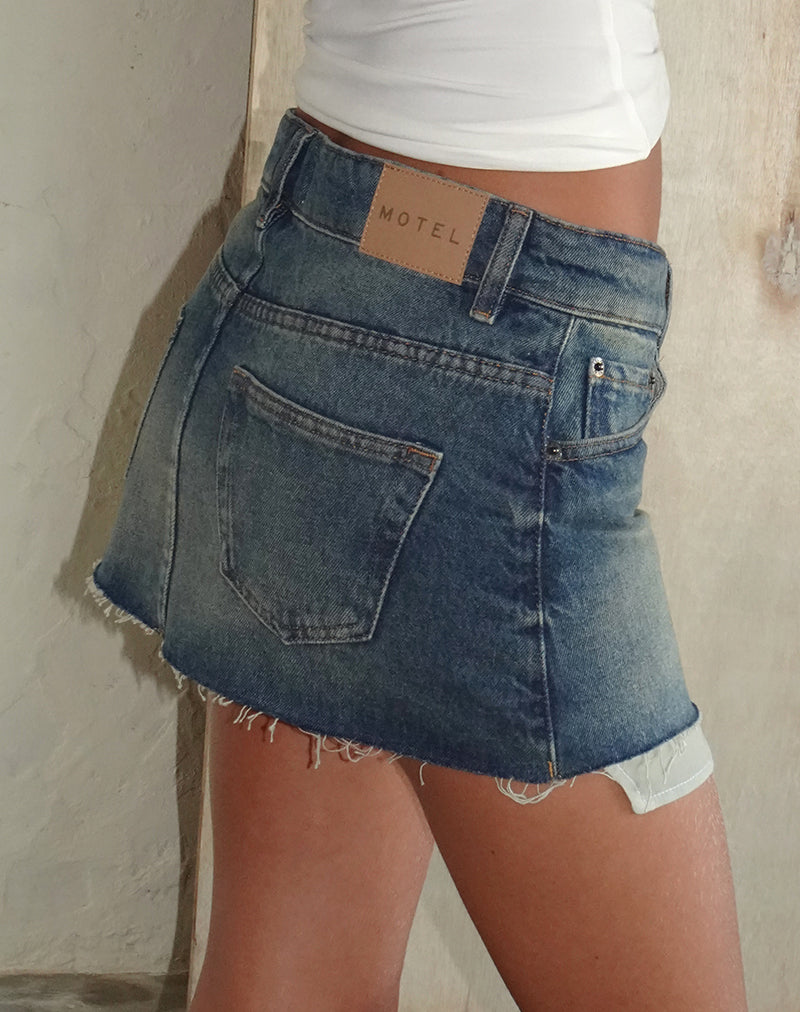 Raw Mini Skirt in Steel Blue with Pockets