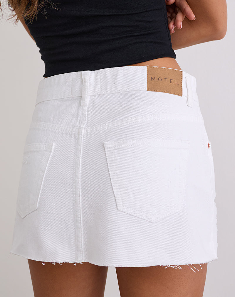Ripped Raw Hem Denim Mini Skirt in True White