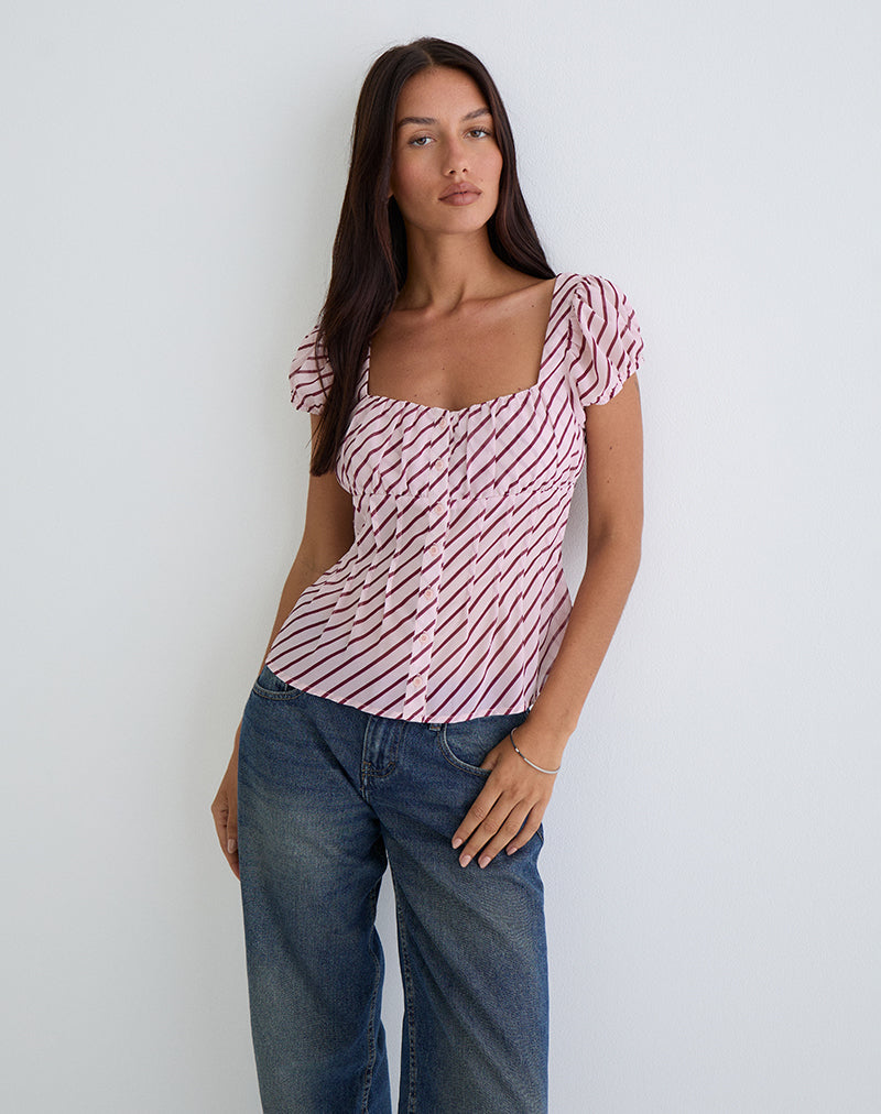 Rolina Blouse in Chiffon Stripe Pink and Burgundy
