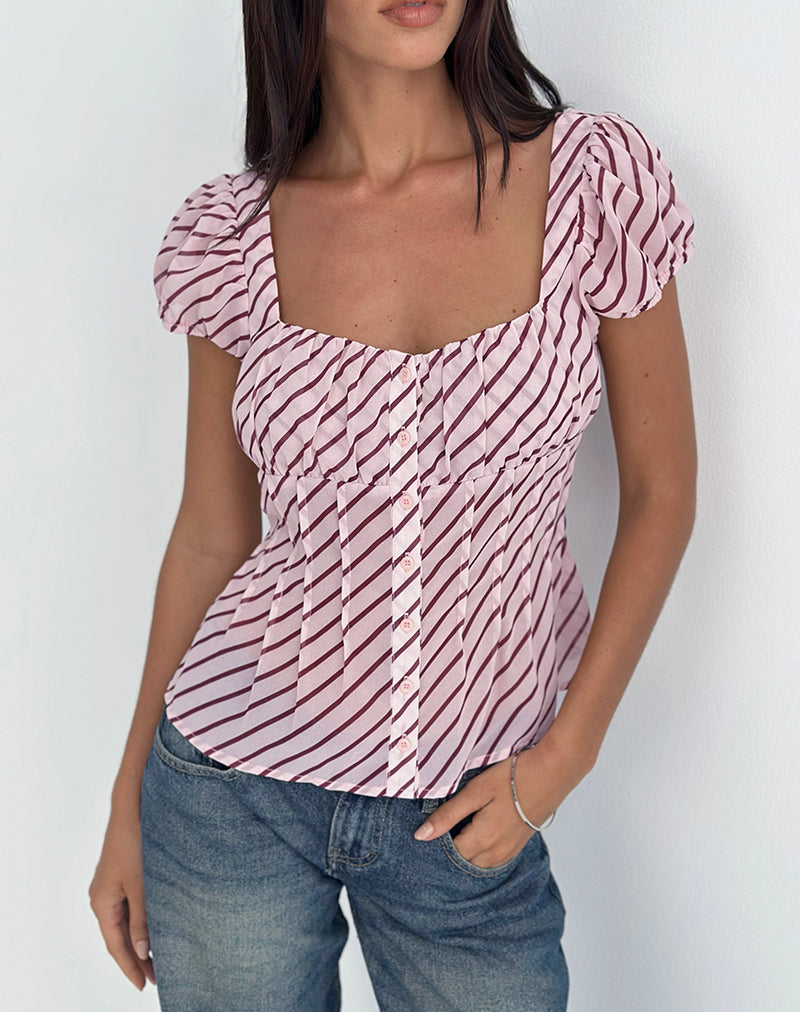 Rolina Blouse in Chiffon Stripe Pink and Burgundy