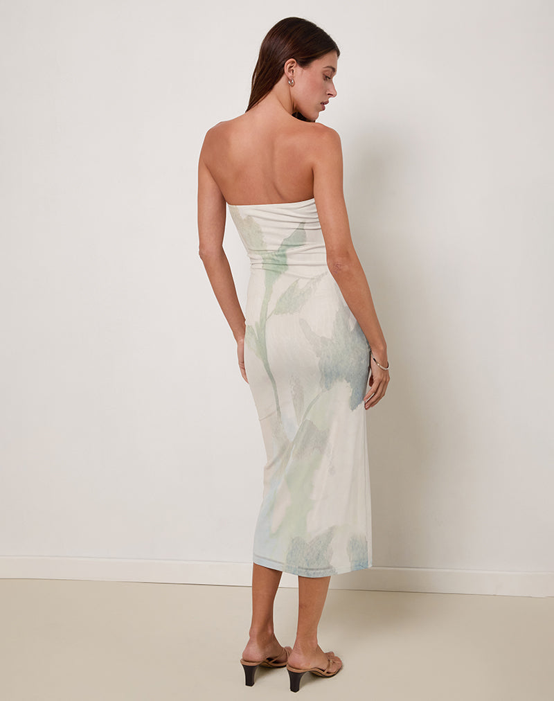 Rosbandi Bandeau Midi Dress in Abstract Painted Flower Blue