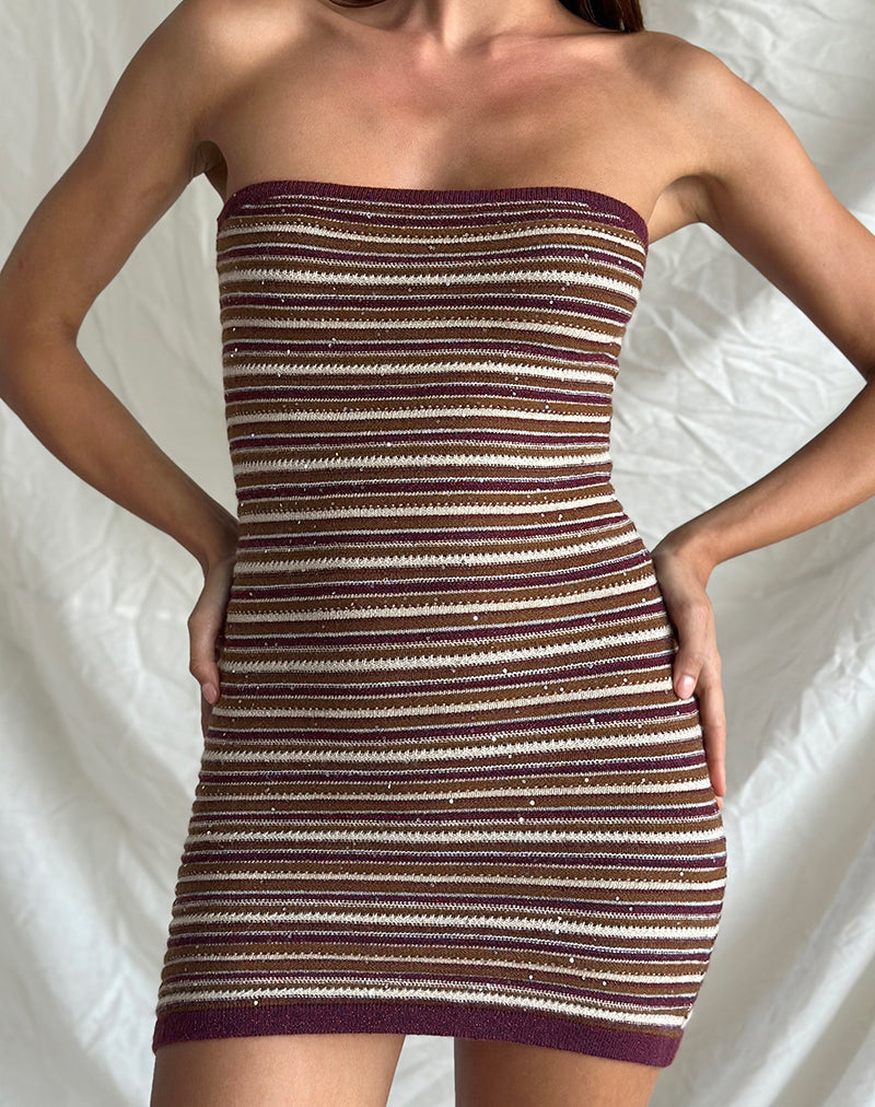 Rosbina Bandeau Mini Dress in Shimmer Stripe Knit Rust