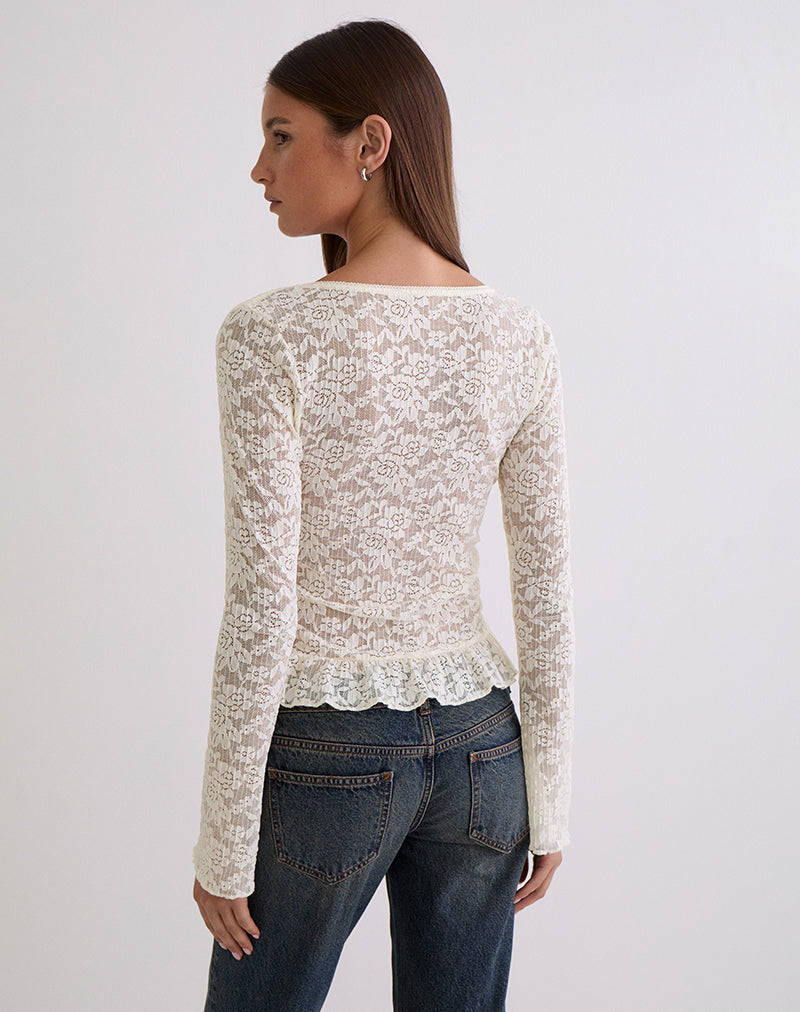 Roselle Keyhole Long Sleeve Top in Lace Ivory