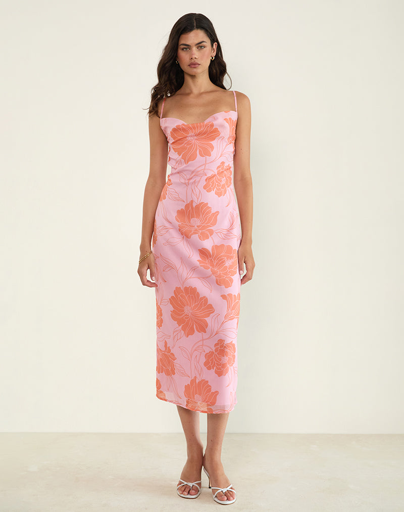 Rujira Cowl Midi Dress in Floral Pink Orange