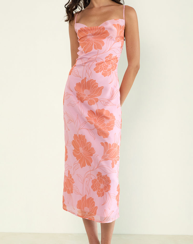 Rujira Cowl Midi Dress in Floral Pink Orange