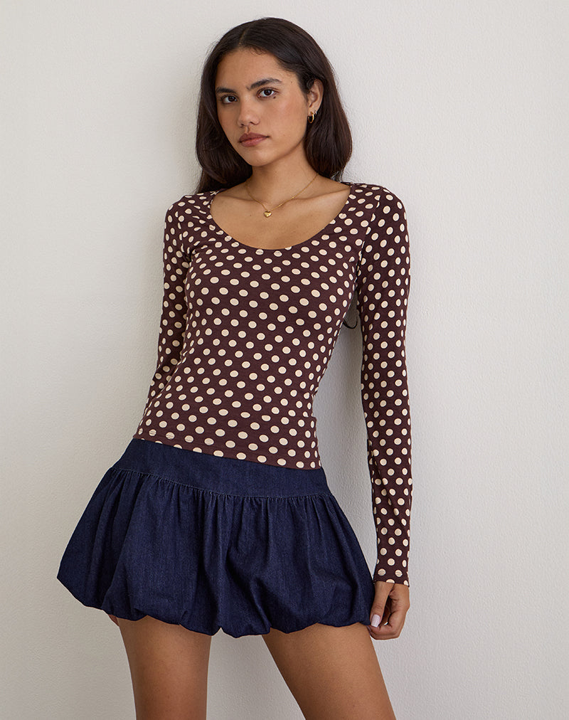 Rumini Long Sleeve Top in Brown with Small Polka Cream