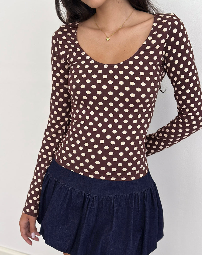 Rumini Long Sleeve Top in Brown with Small Polka Cream