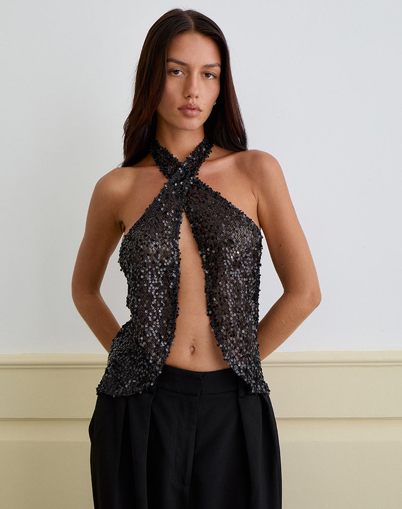 Ruway Unlined Scarf Top in Sequin Black